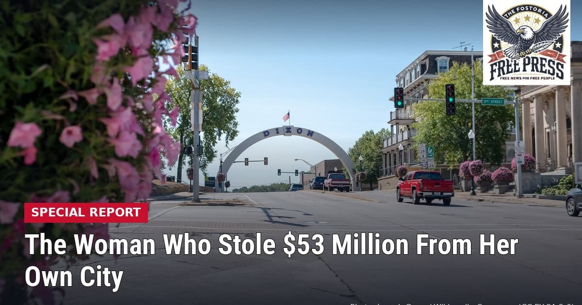 Galena Avenue in downtown Dixon, Illinois, with the city's arch in the distance and pink flowers in the foreground, with headline: The Woman Who Stole $53 Million From Her Own City